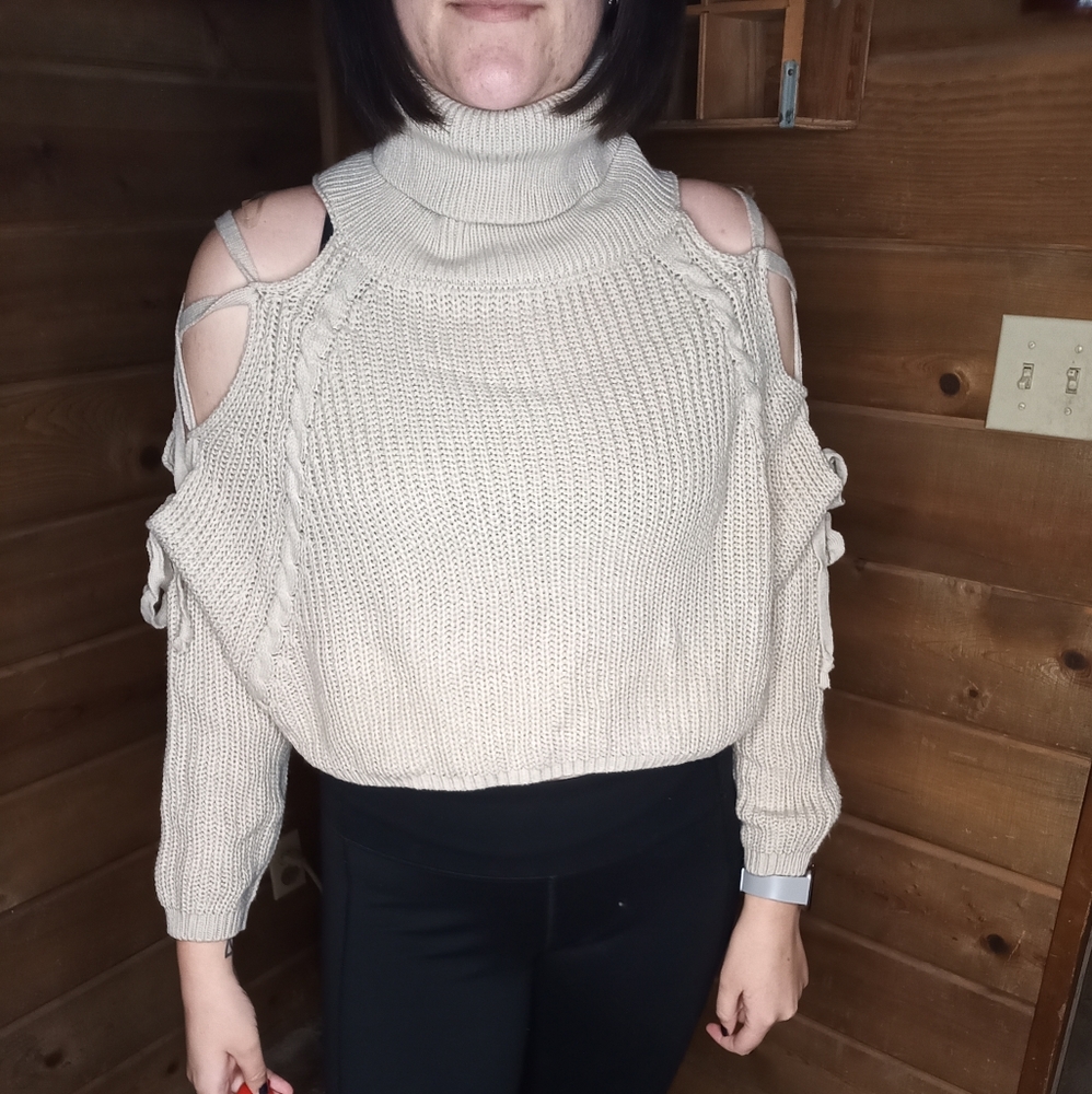 Turtle neck, cold shoulder, cropped sweater